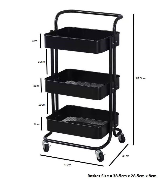 3-Tier Metal Storage Trolley on Wheels