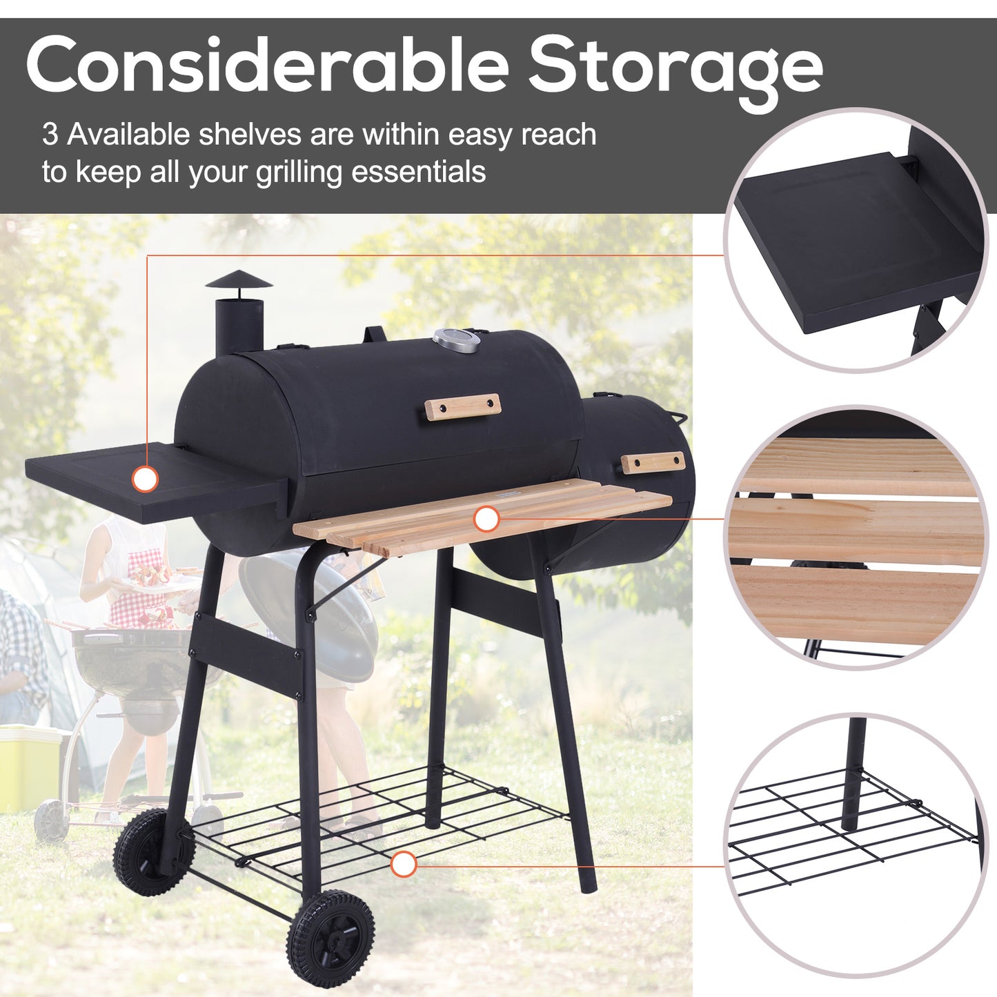 Portable Charcoal BBQ Grill Steel Offset Smoker Combo Backyard