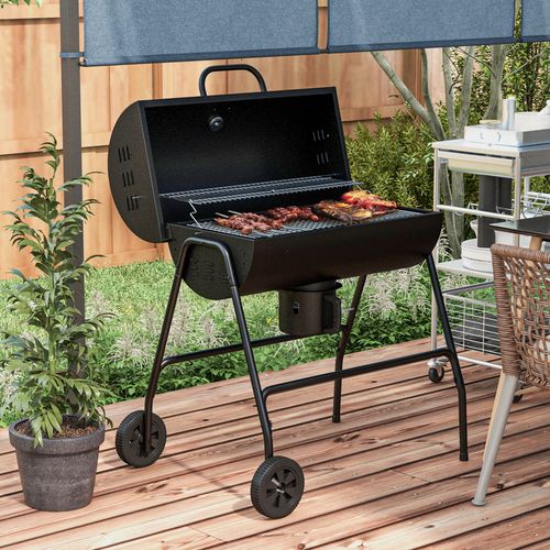 Barrel Charcoal Barbecue BBQ Grill Trolley W/ Ash Catcher Thermometer