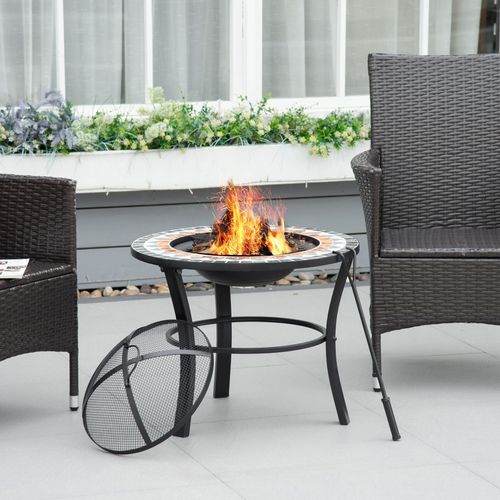 60cm Outdoor Fire Pit Table with Mosaic Outer, Spark Screen Cover and Fire Poker