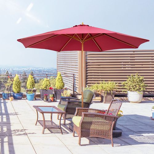 3m Wooden Garden Parasol, Sun Shade - Wine Red