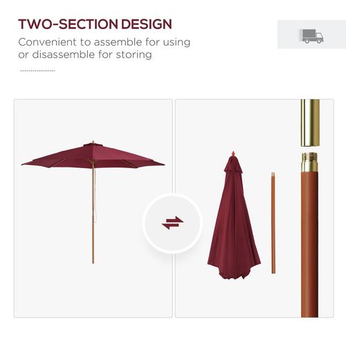 3m Wooden Garden Parasol, Sun Shade - Wine Red