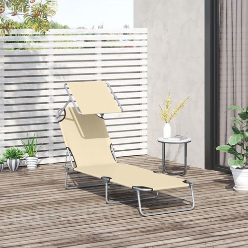 Folding Chair Sun Lounger w/ Sunshade Garden Recliner - Beige