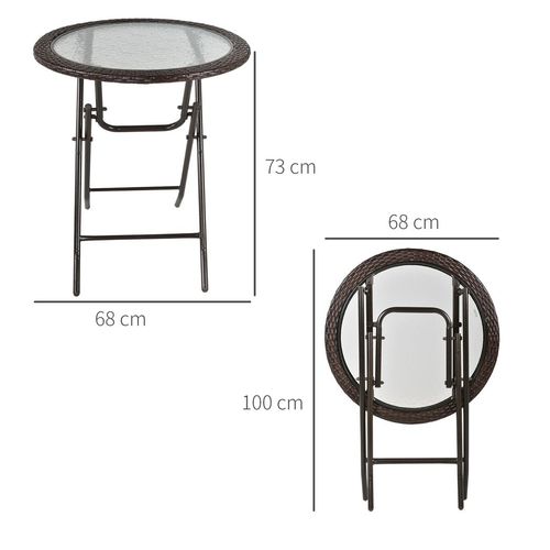 Folding Round Tempered Glass & Metal Table with Brown Rattan Edging