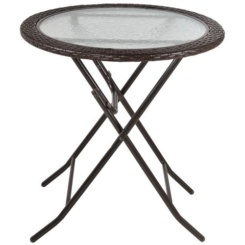 Folding Round Tempered Glass & Metal Table with Brown Rattan Edging