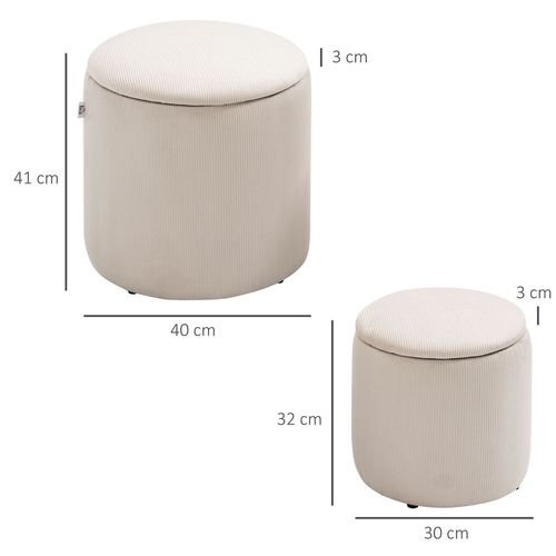 Set of 2 Cream/ White Fabric Storage Ottomans with Removable Lids