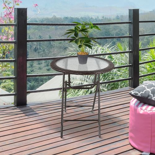 Folding Round Tempered Glass & Metal Table with Brown Rattan Edging