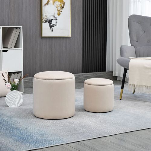 Set of 2 Cream/ White Fabric Storage Ottomans with Removable Lids