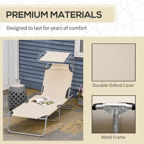 Folding Chair Sun Lounger w/ Sunshade Garden Recliner - Beige