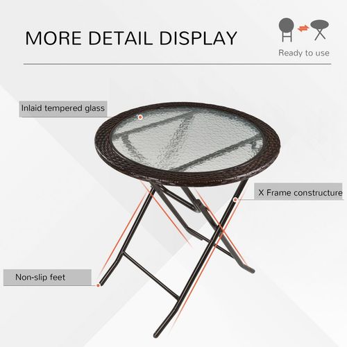 Folding Round Tempered Glass & Metal Table with Brown Rattan Edging