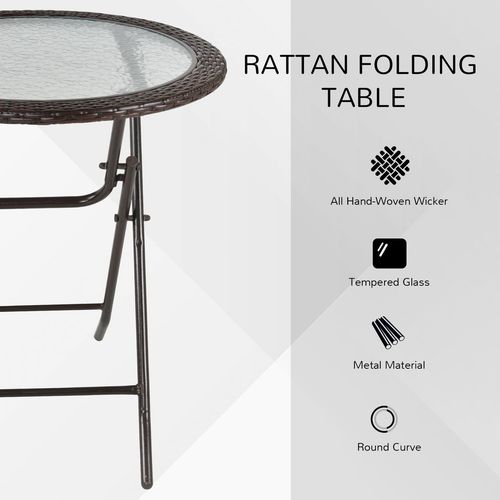 Folding Round Tempered Glass & Metal Table with Brown Rattan Edging