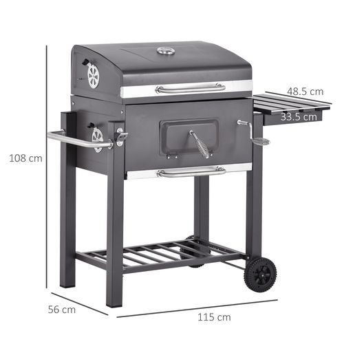 Charcoal Grill BBQ Trolley Wheels Shelf Side Thermometer Steel Black