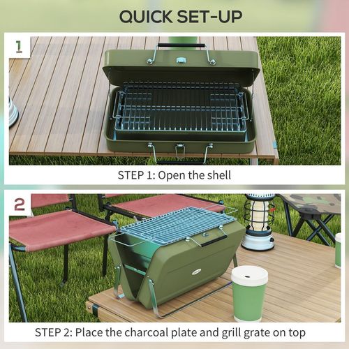 Portable BBQ Grill with Suitcase Design for Camping Picnic Party, Green