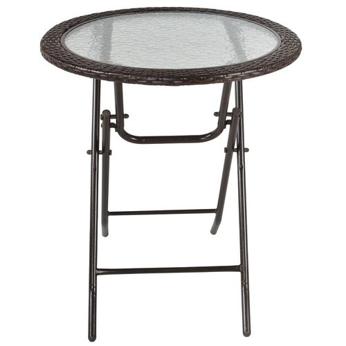 Folding Round Tempered Glass & Metal Table with Brown Rattan Edging