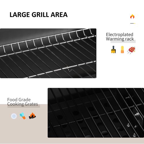 Charcoal Grill BBQ Trolley Wheels Shelf Side Thermometer Steel Black