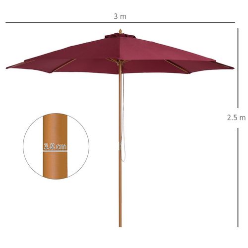 3m Wooden Garden Parasol, Sun Shade - Wine Red