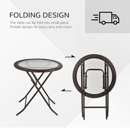 Folding Round Tempered Glass & Metal Table with Brown Rattan Edging