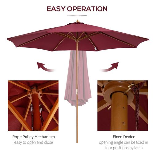 3m Wooden Garden Parasol, Sun Shade - Wine Red